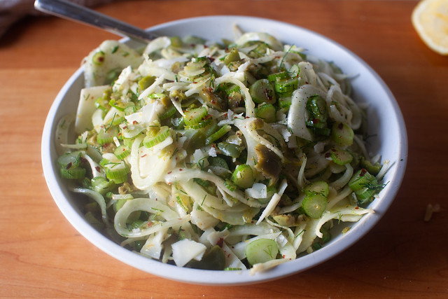 shaved fennel and crushed olive salad