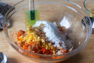 apples, carrots, coconut, raisins, pineapple