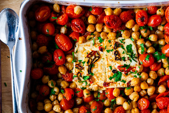 baked feta with tomatoes and chickpeas