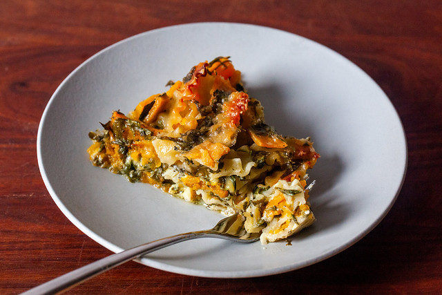 winter squash and spinach pasta bake