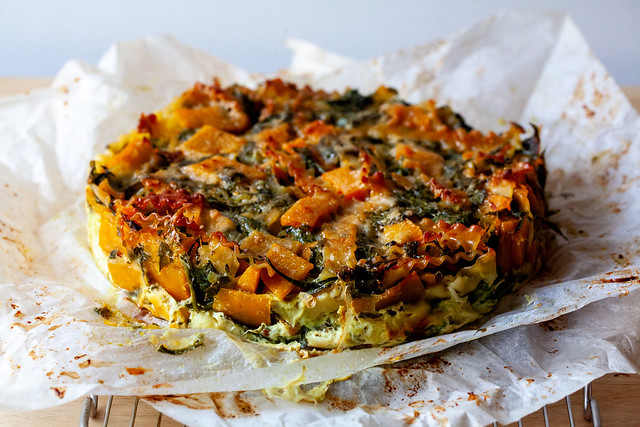 winter squash and spinach pasta bake