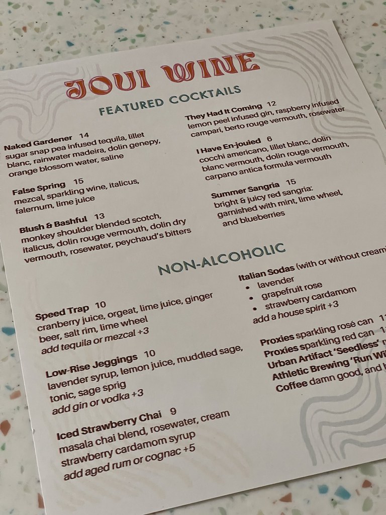 The Joui Wine cocktail menu. Six 