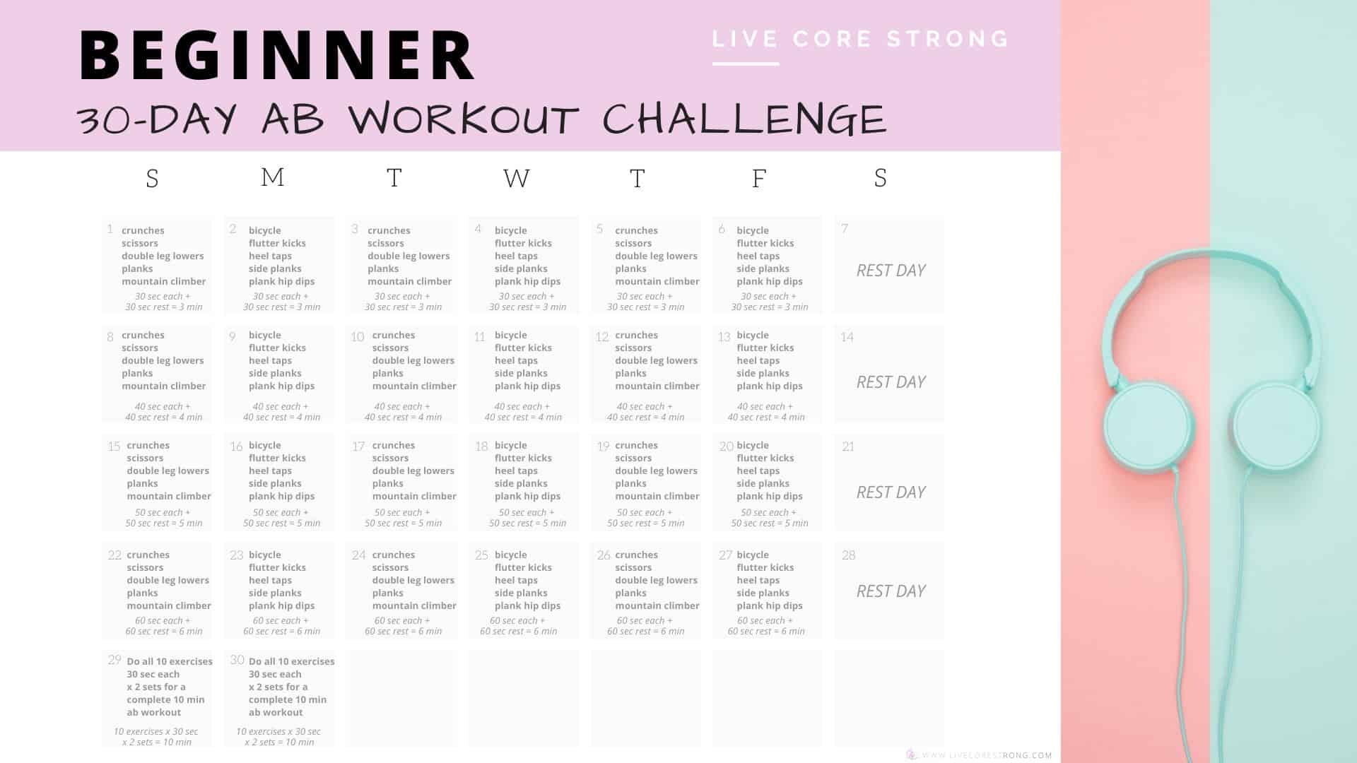 Beginner 30 Day Ab Workout Challenge Workout Calendar Live Core Strong