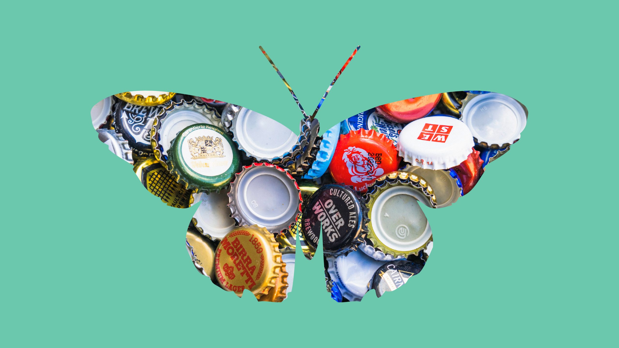 A butterfly shape, filled with dozens of colorful beer bottle caps, on a green background