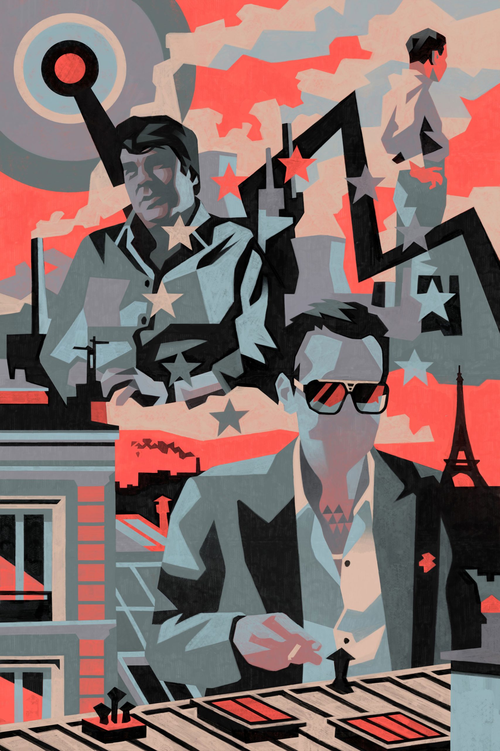 vibrant pink, peach, and black illustration of two men, one with sunglasses, with an Eiffel Tower in the background