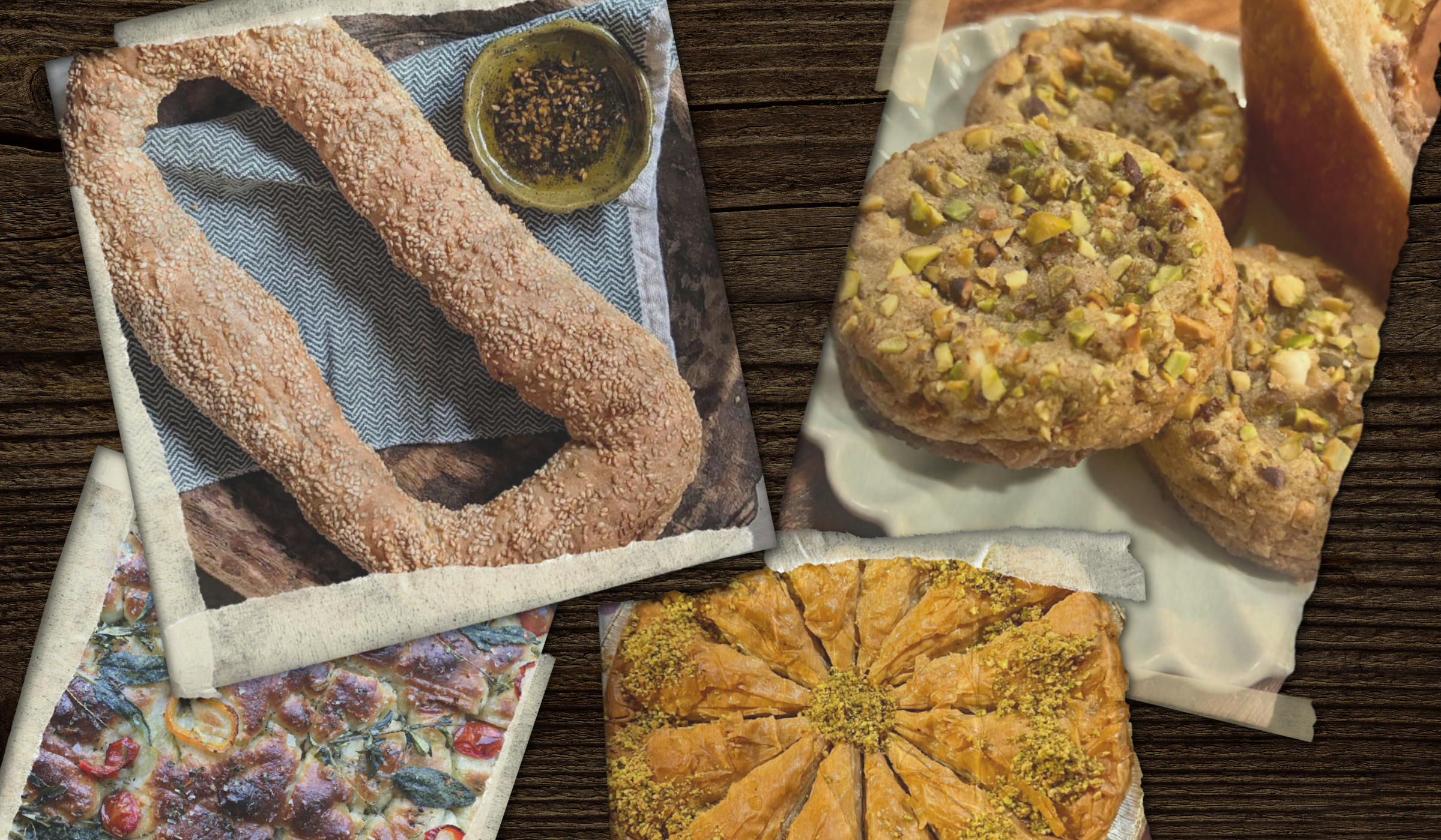 food collage of palestinian and middle eastern sweets and baked goods including ka'ak al-qud, pistachio cookies, baklava, and foccacia