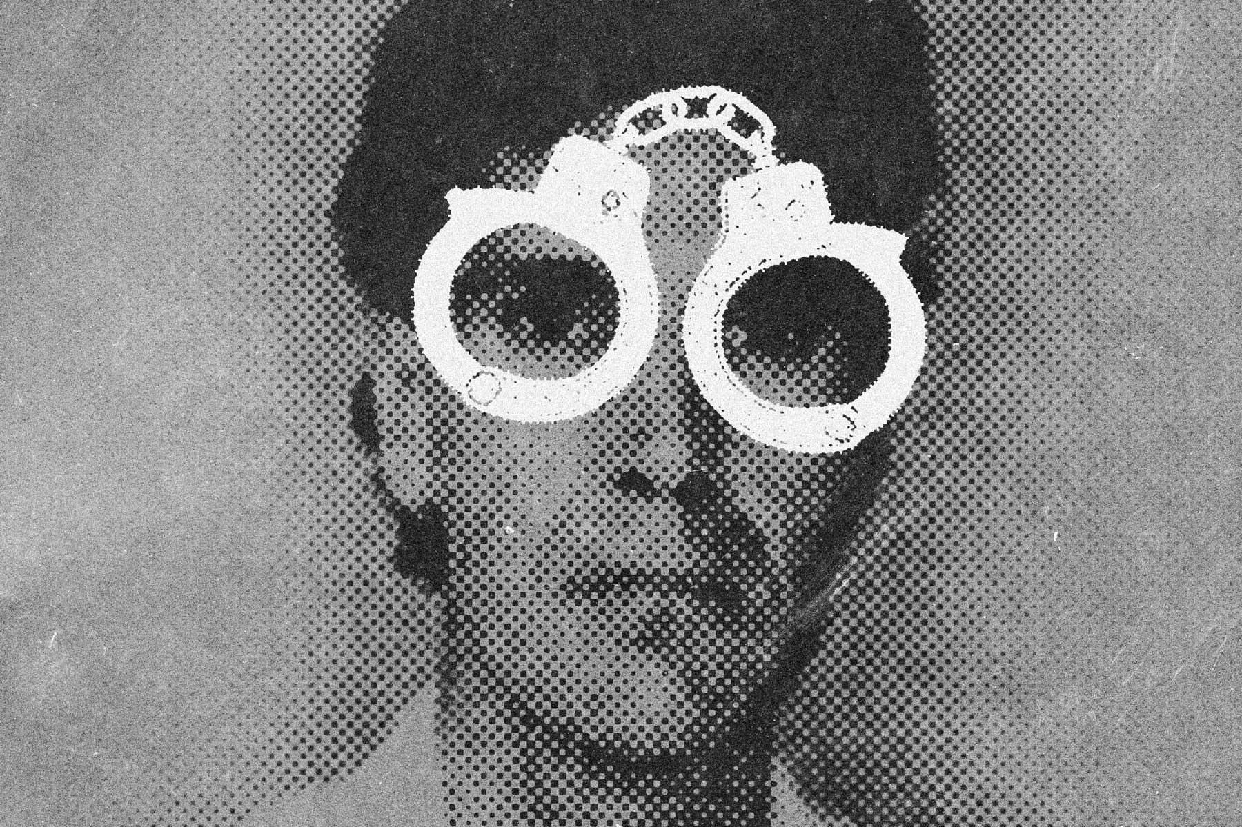 gray illustration of a man with glasses in the shape of handcuffs