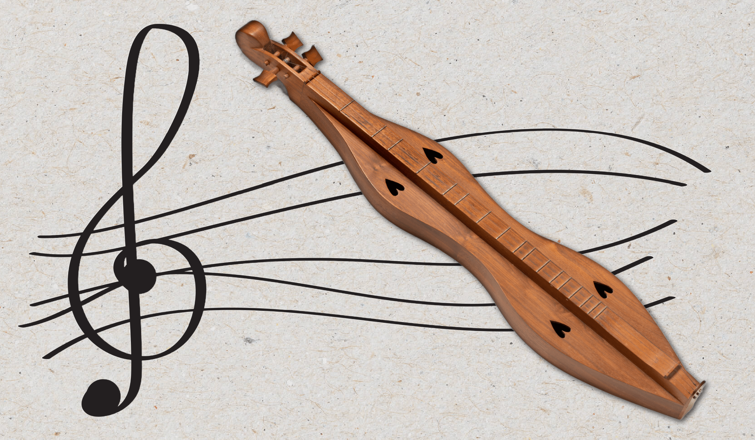 image of mountain dulcimer set against a wavy and abstract illustration of a musical staff