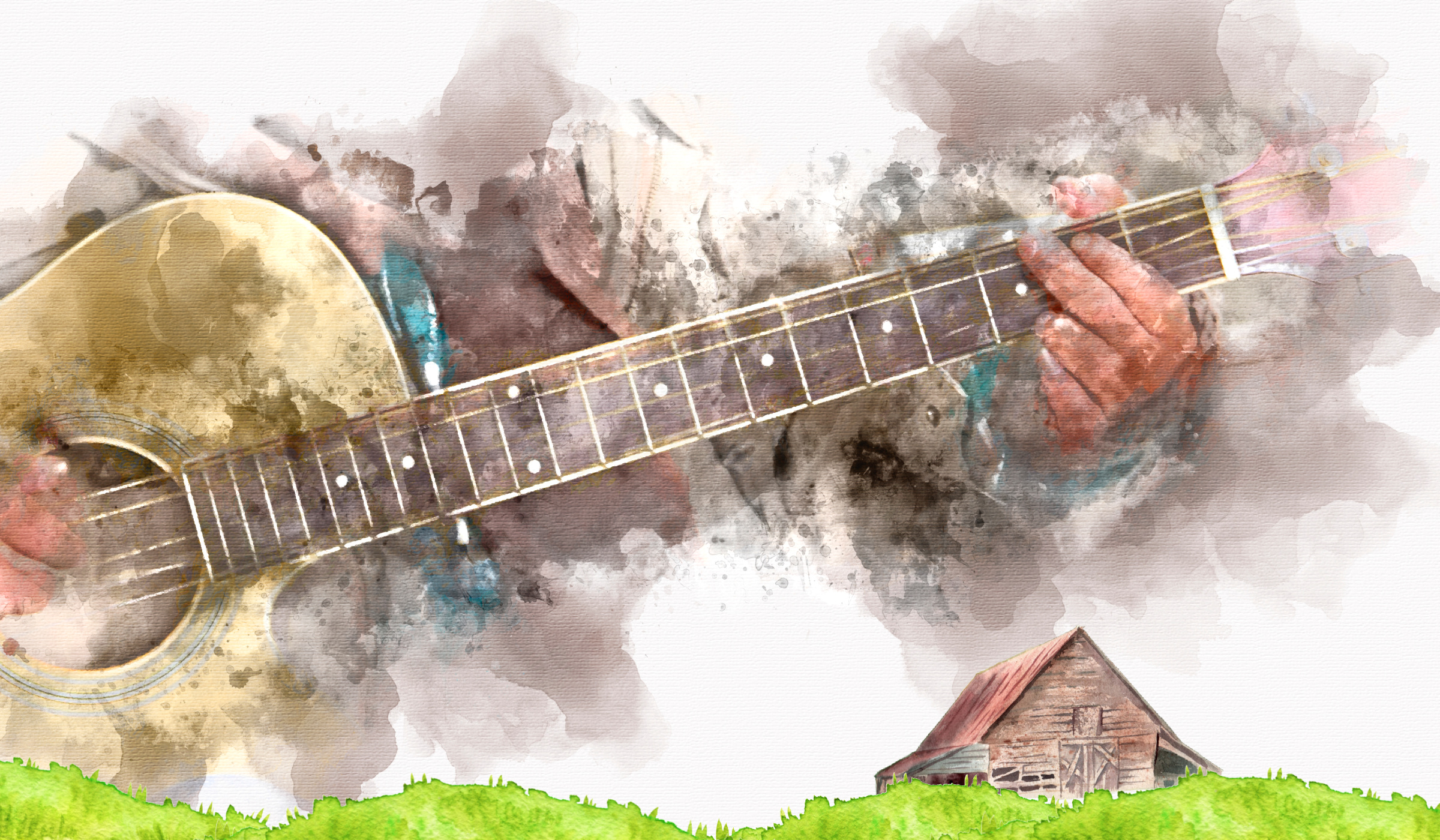 abstract watercolor illustration of a person strumming a guitar with a small barn in a grassy area underneath