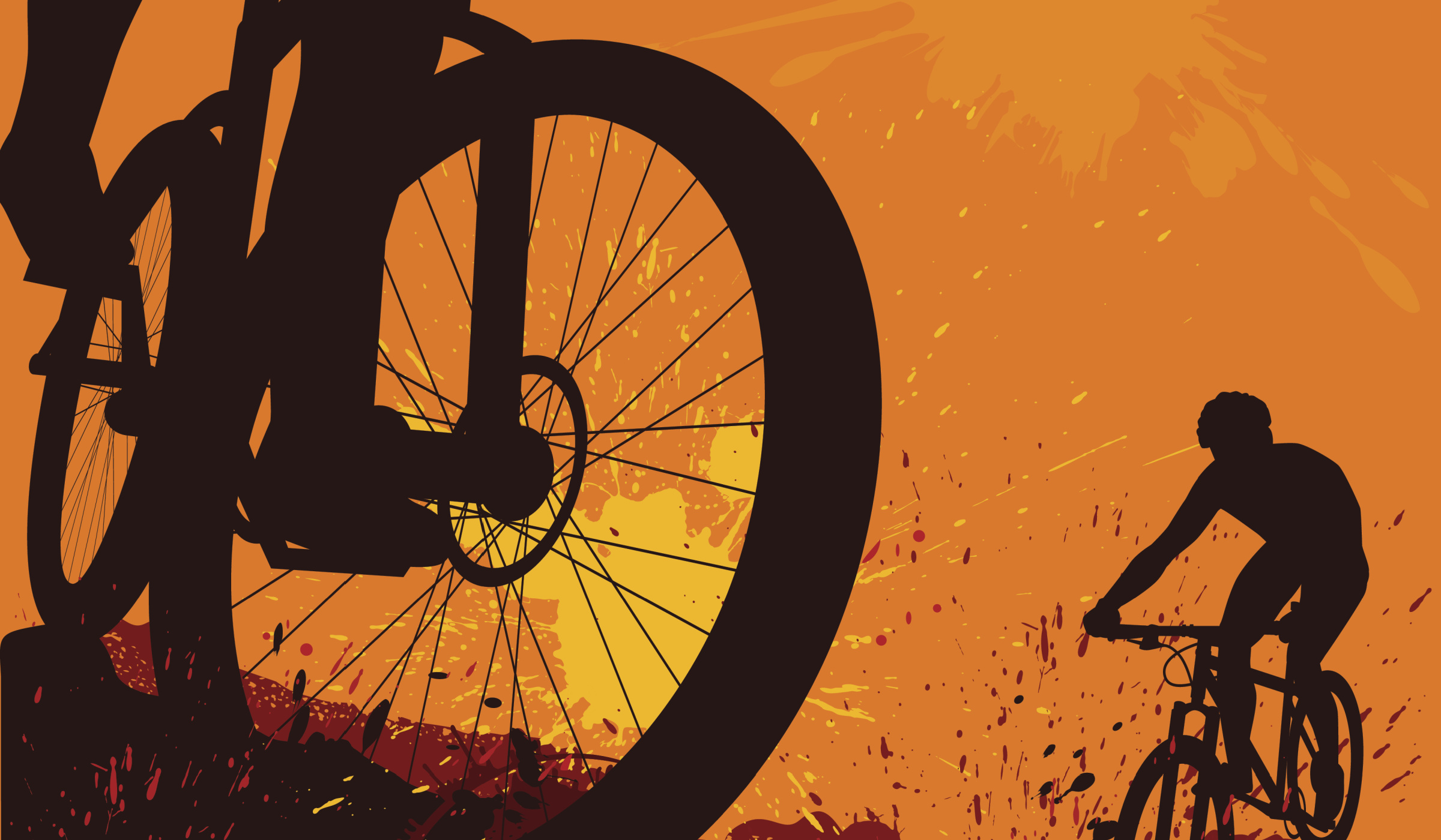 An illustration of two cyclists with an orange and red background.