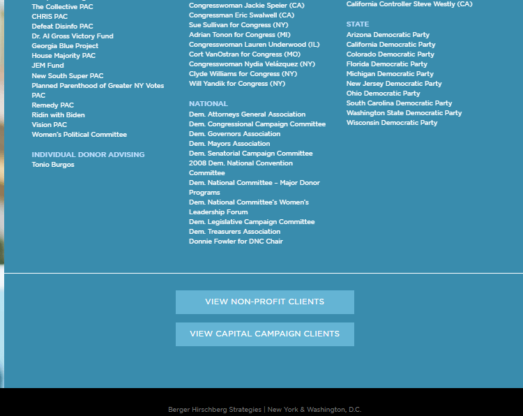 Berger Hirschberg Strategies known to work with top Democrat candidates and NPOs for fundraising.