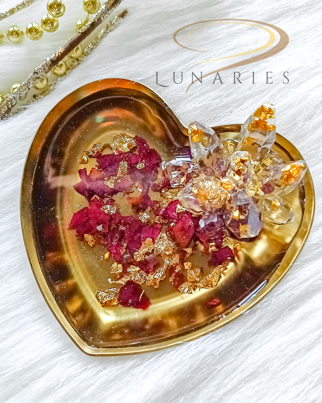Heart Dish with Resin Crystals and Rose Petals