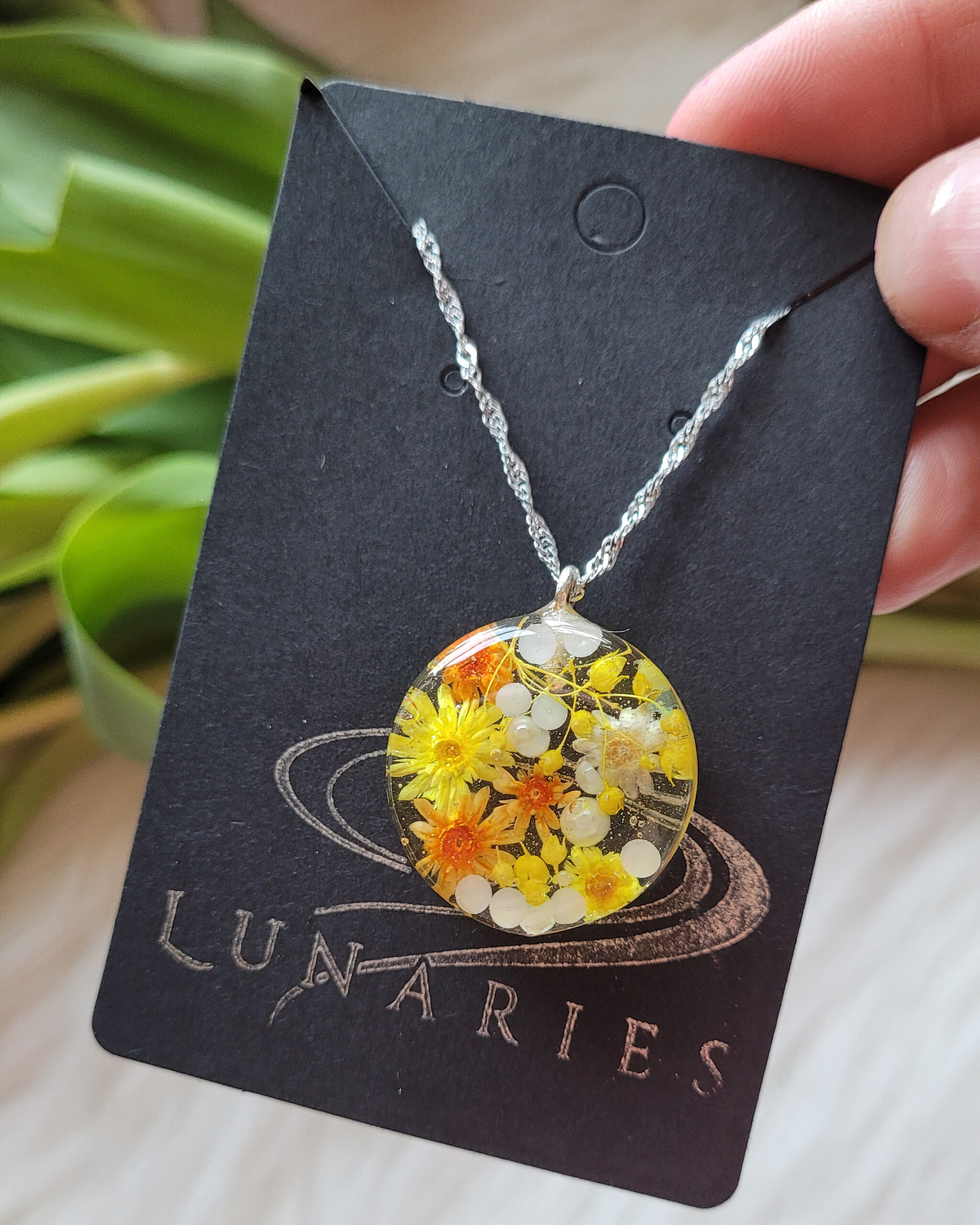 Clear Botanical Resin Necklace with Real Yellow Dried Flowers - Image 4