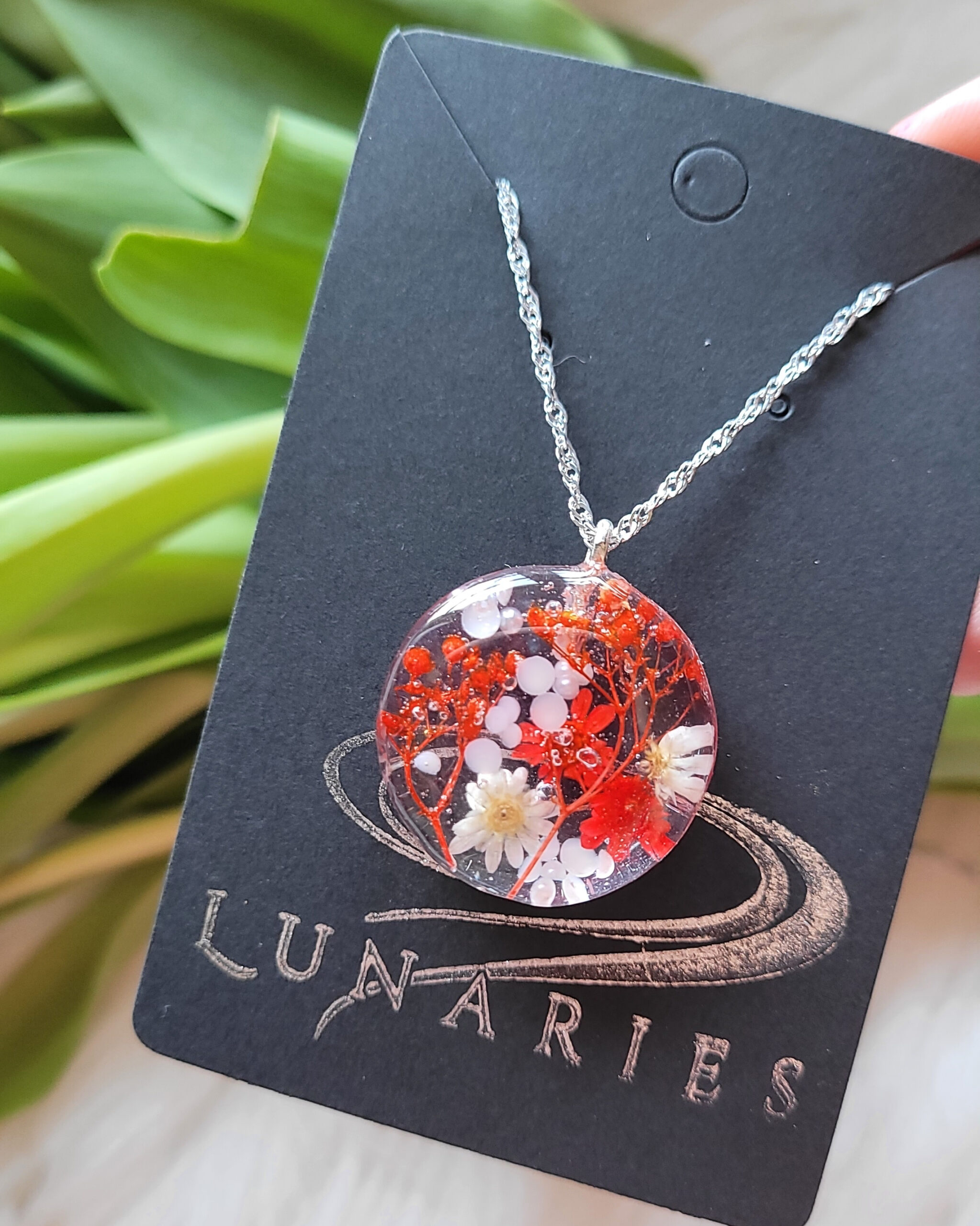 Clear Botanical Resin Necklace with Real Red Dried Flowers - Image 3