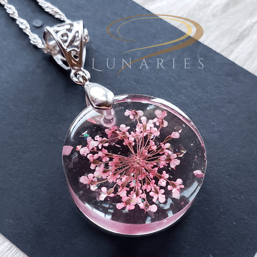 Round Resin Pendant with Pink Flowers