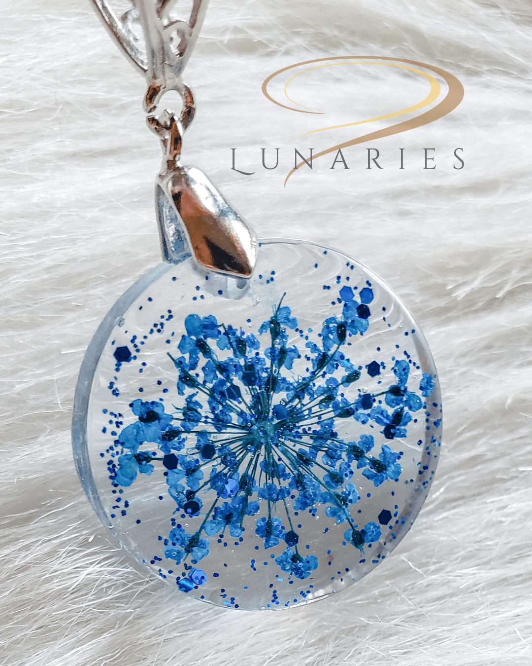 Round Resin Pendant with Real Blue Flowers
