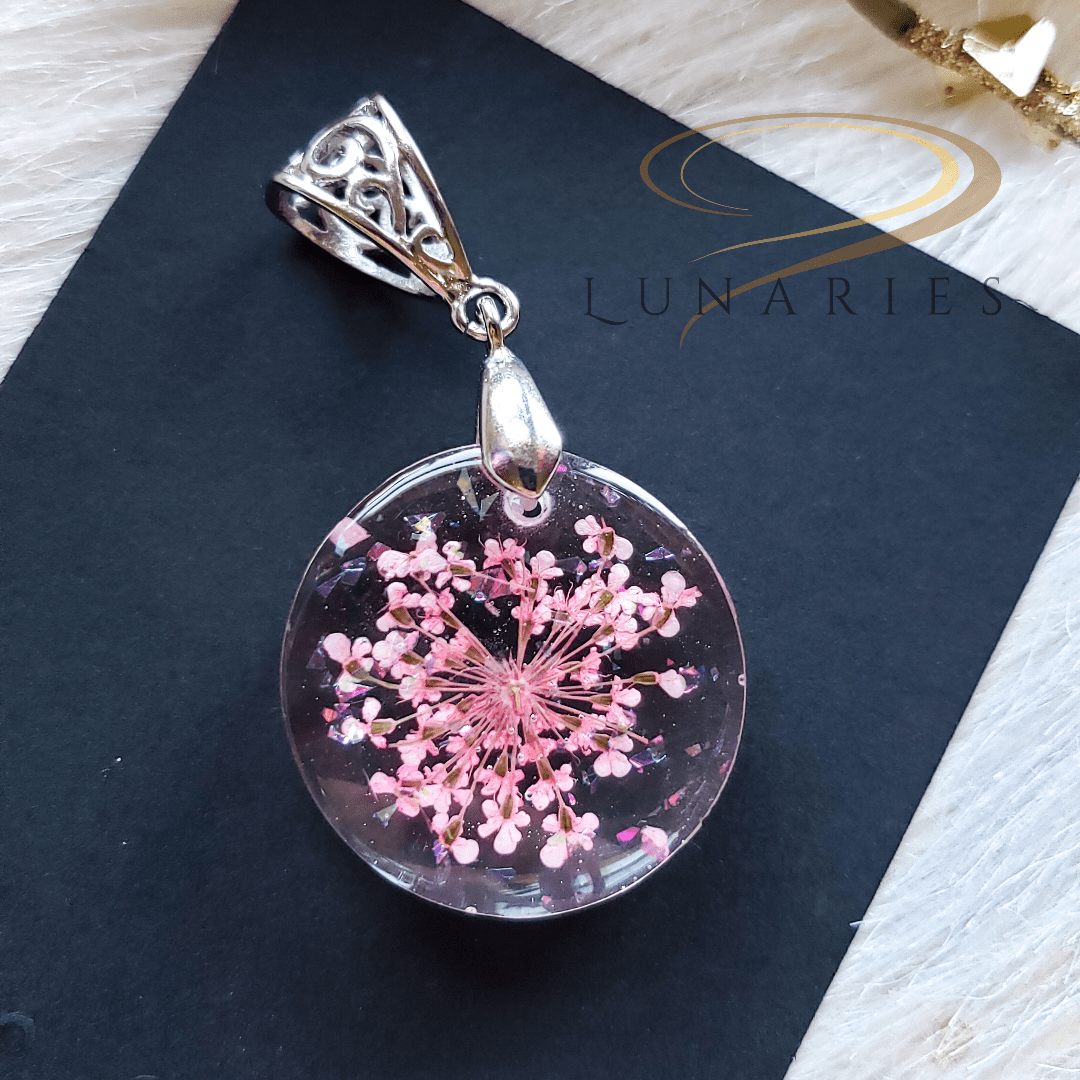 Round Resin Pendant with Pink Flowers - Image 2
