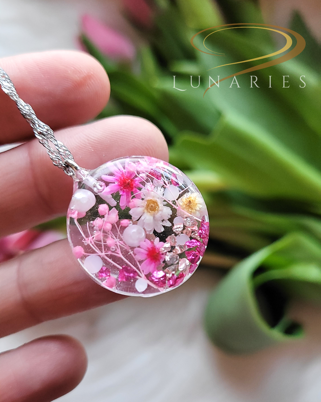 Clear Botanical Resin Necklace with Real Pink Dried Flowers - Image 4