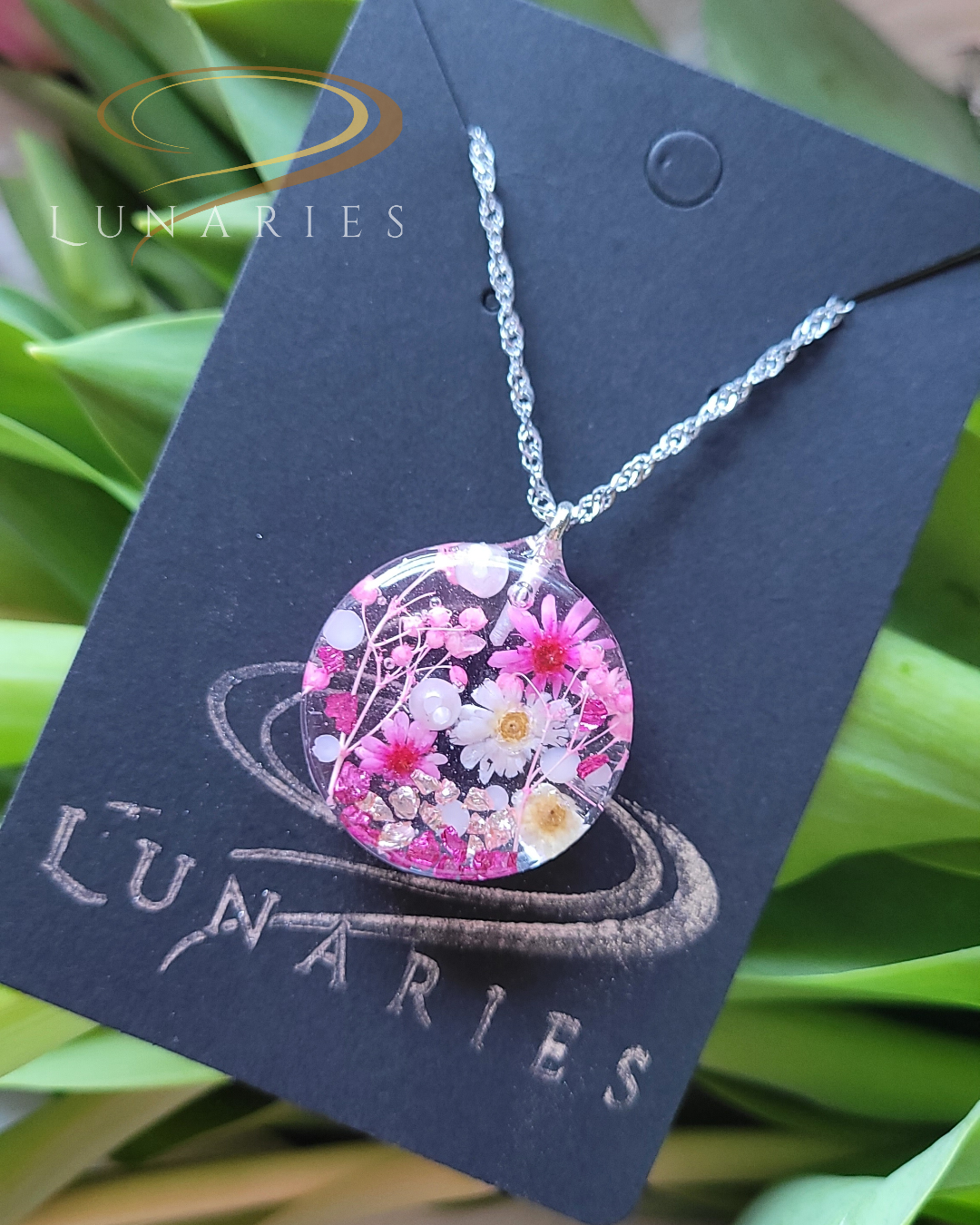 Clear Botanical Resin Necklace with Real Pink Dried Flowers - Image 5