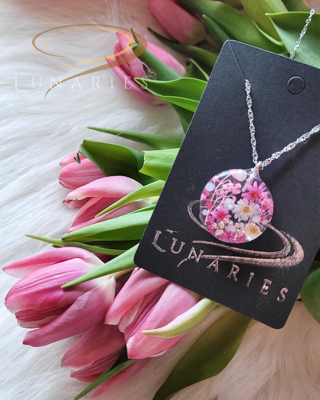 Clear Botanical Resin Necklace with Real Pink Dried Flowers - Image 6