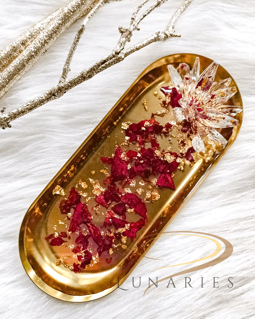 Gold Oval Tray with Resin Crystals and Rose Petals