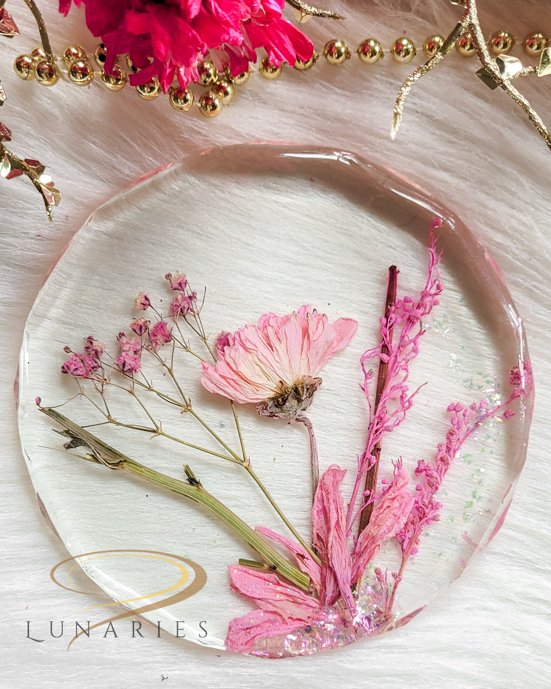 Pressed Pink Floral Resin Accent – Botanical Coaster - Image 2
