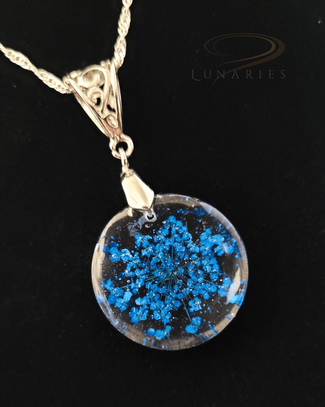 Round Resin Pendant with Real Blue Flowers - Image 4