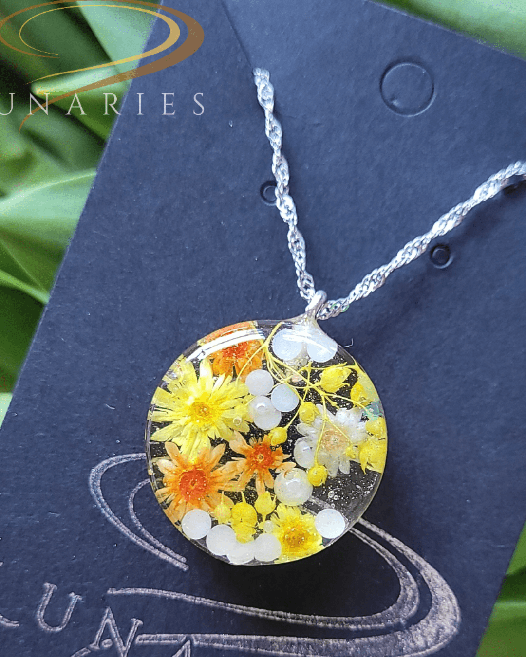Clear Botanical Resin Necklace with Real Yellow Dried Flowers - Image 3