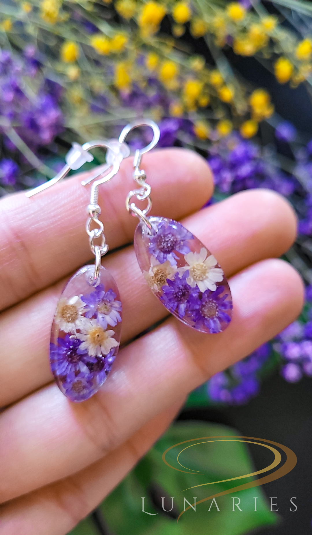 Small Oval Resin Earrings with Purple Flowers - Image 3
