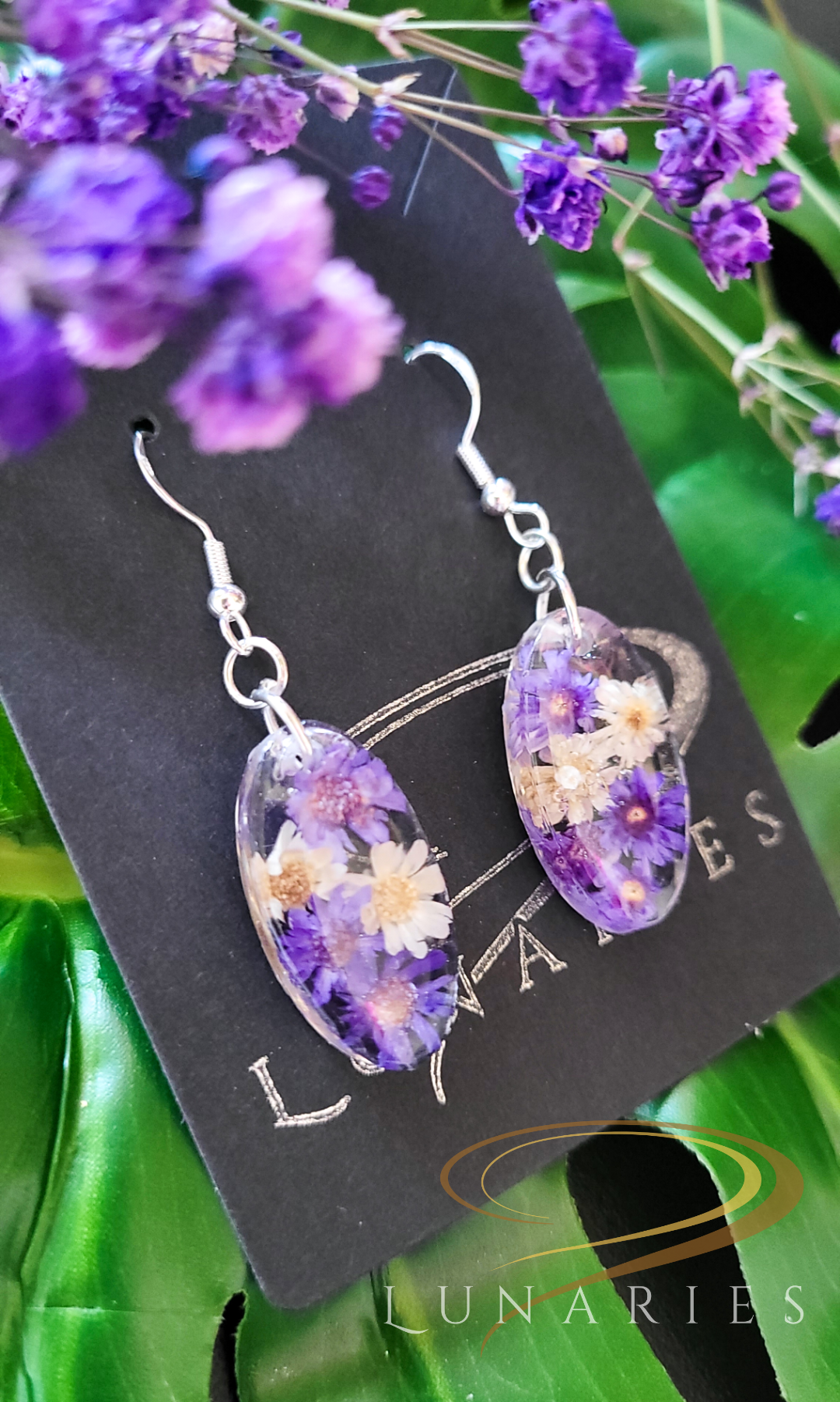 Small Oval Resin Earrings with Purple Flowers - Image 2