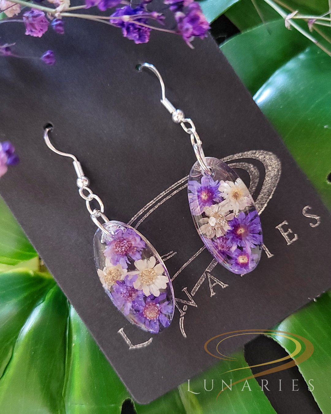 Small Oval Resin Earrings with Purple Flowers - Image 4
