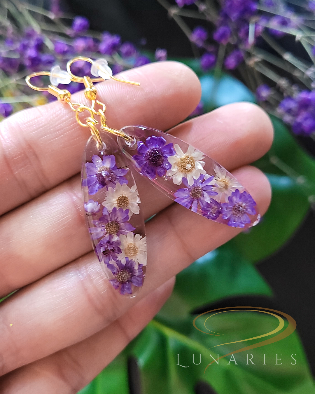 Oval Resin Earrings with Purple and White Flowers - Image 3