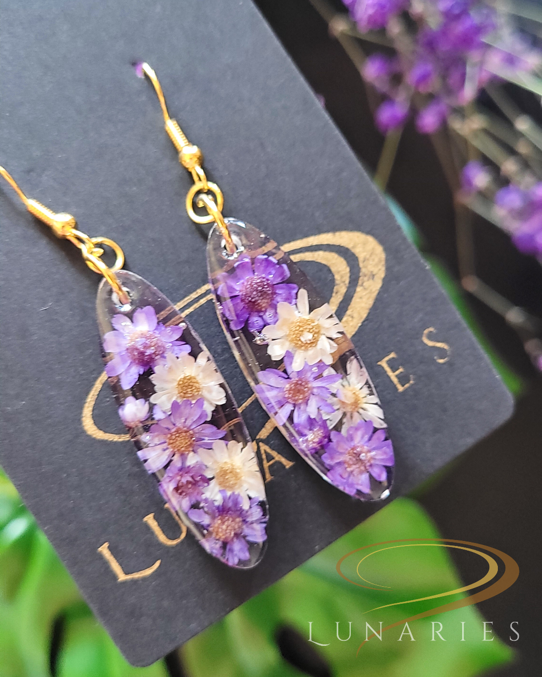 Oval Resin Earrings with Purple and White Flowers - Image 2