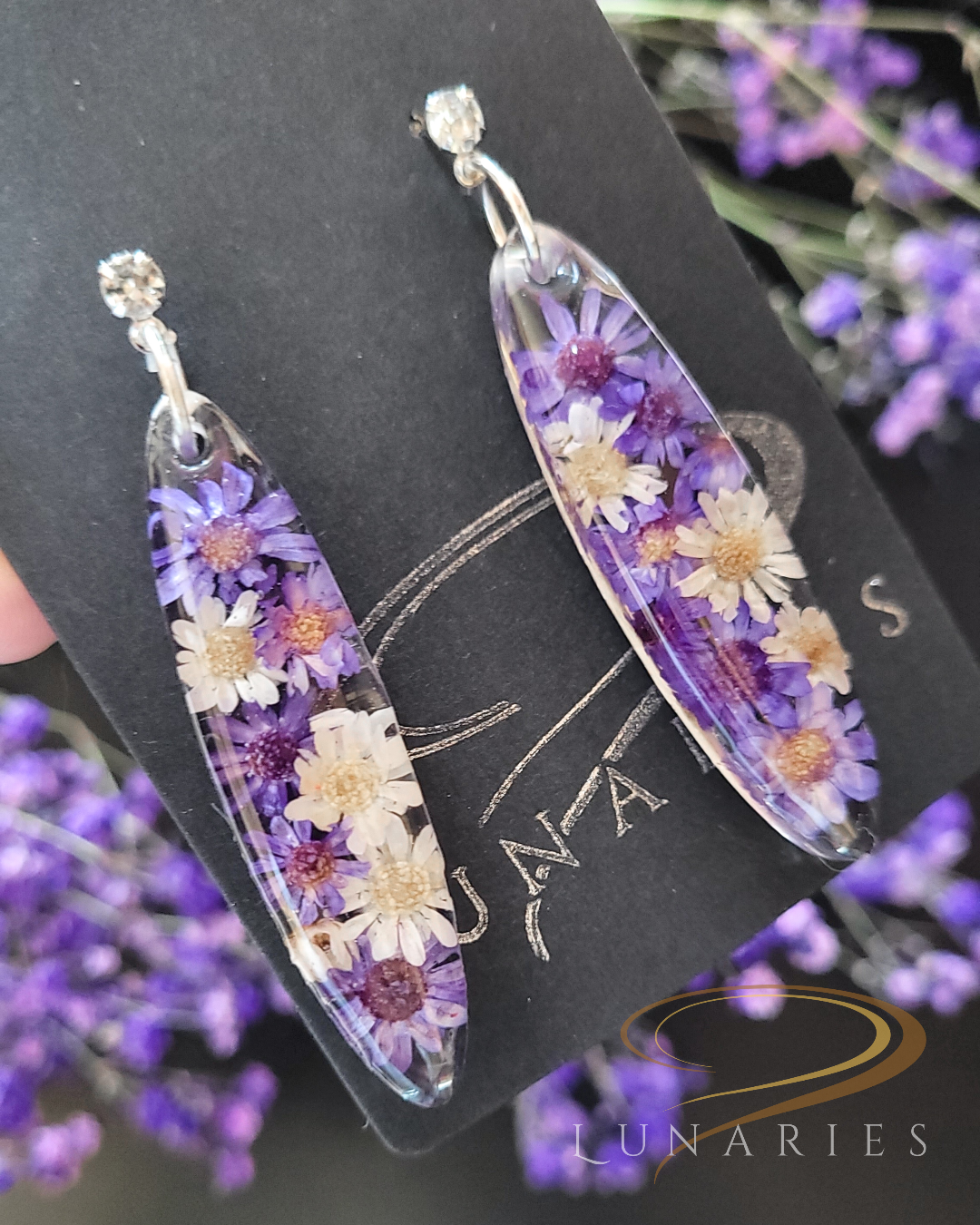 Oval Resin Earrings with Purple and White Flowers - Image 3