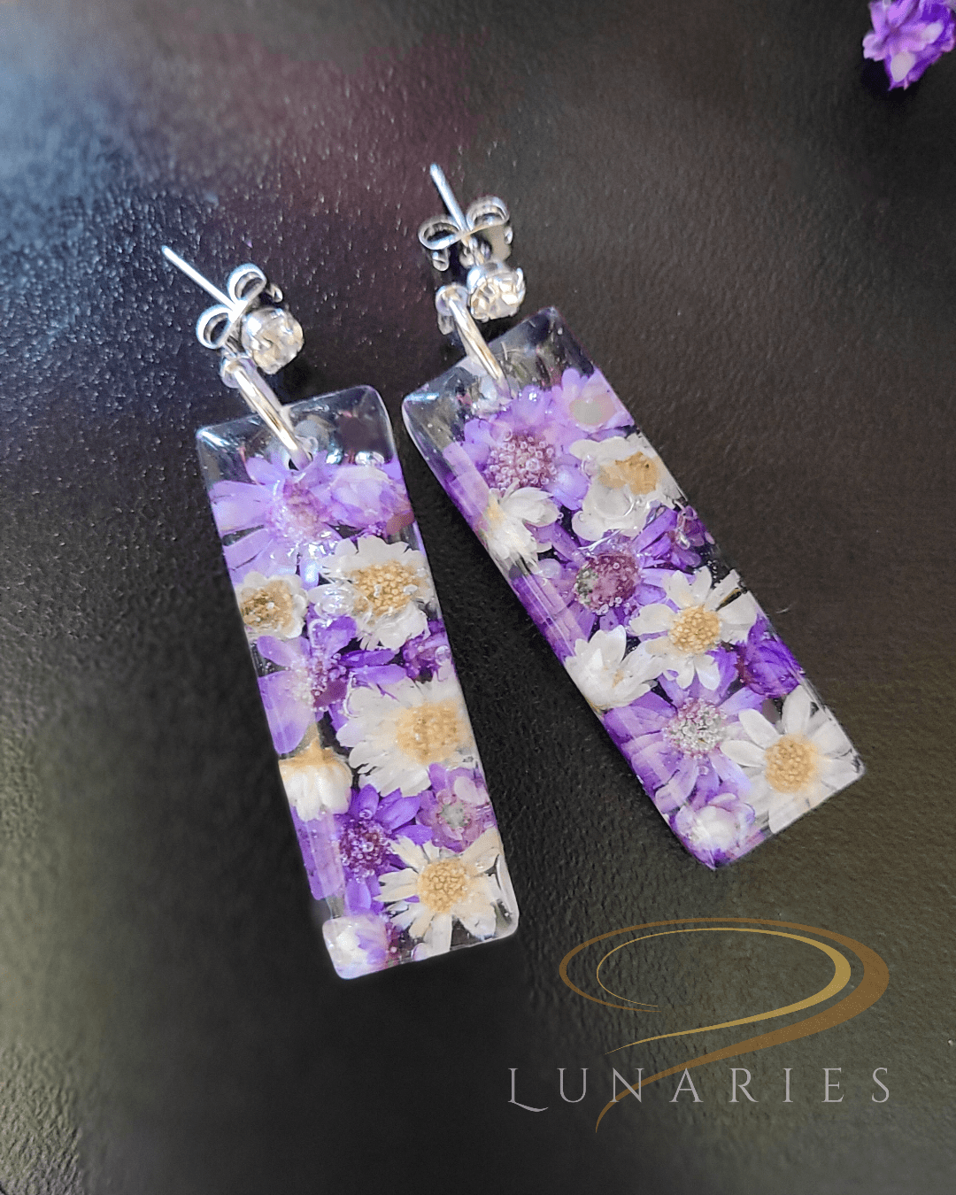 Rectangular Resin Earrings with Purple Flowers - Image 3