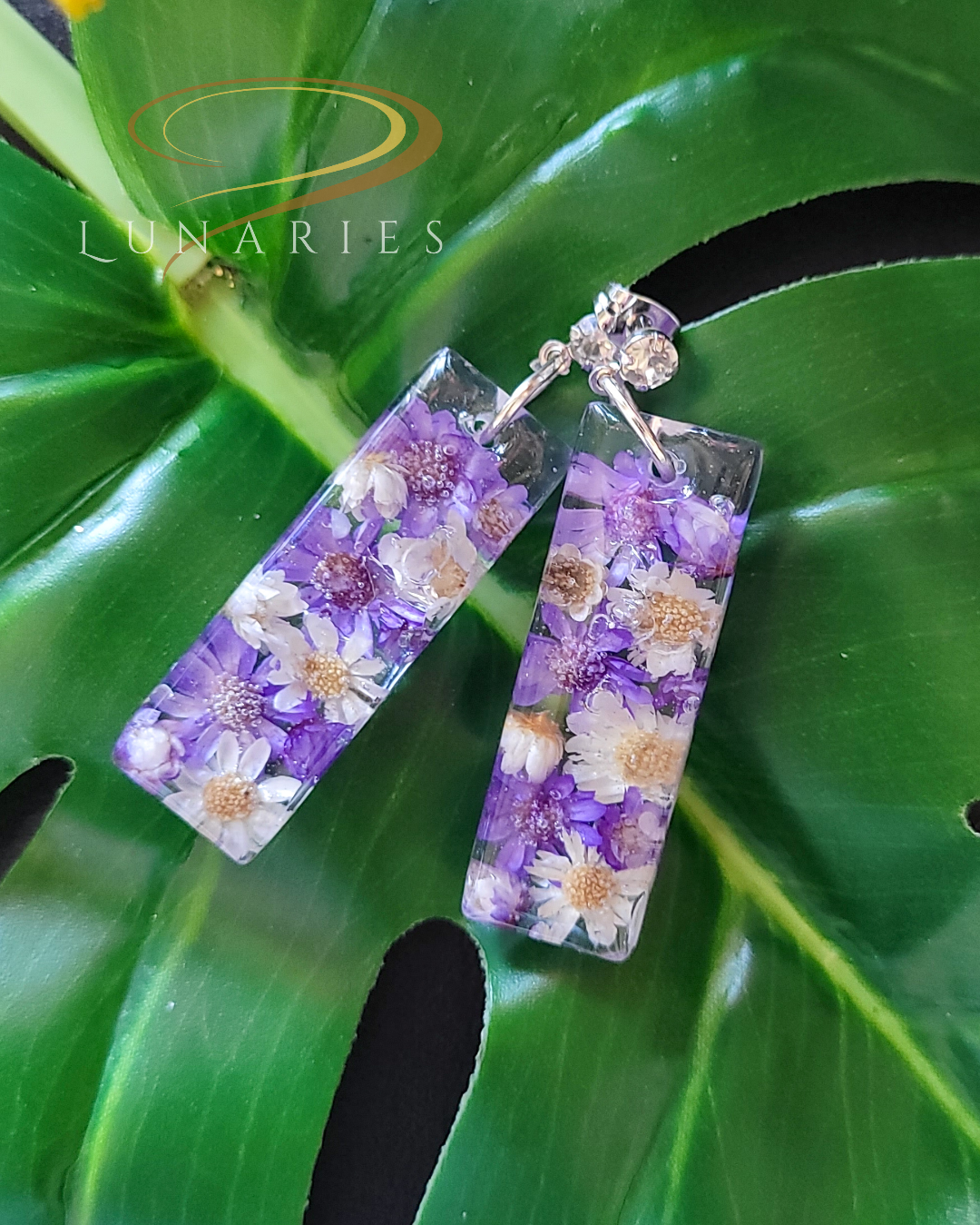 Rectangular Resin Earrings with Purple Flowers