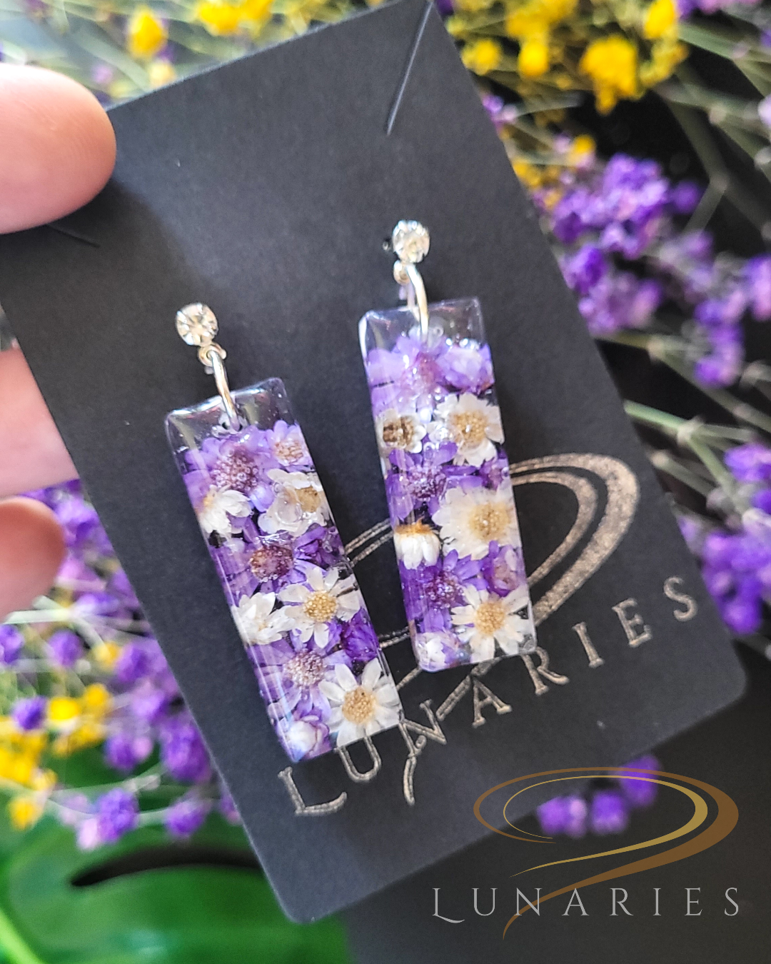 Rectangular Resin Earrings with Purple Flowers - Image 2