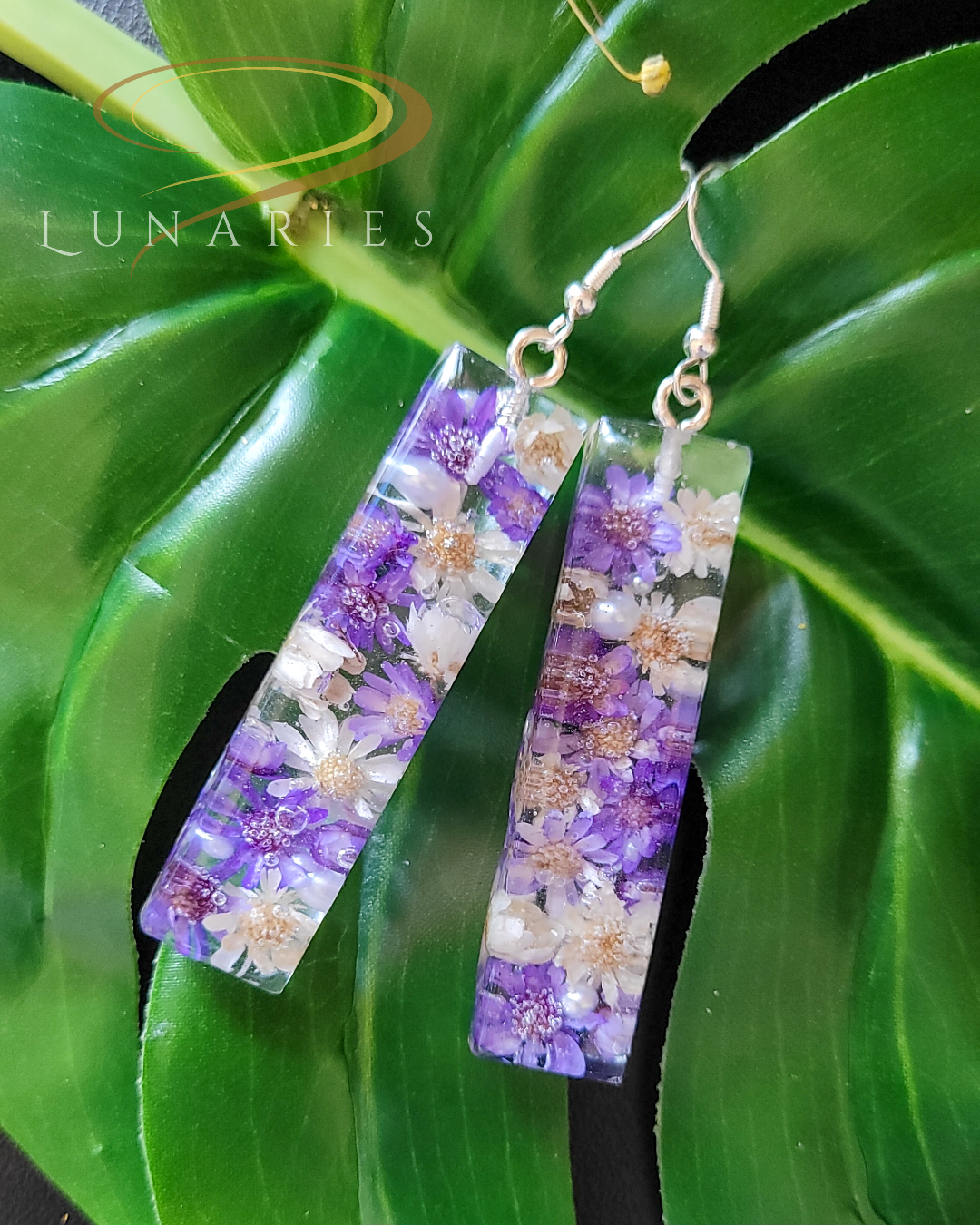 Rectangular Resin Earrings with Purple and White Flowers