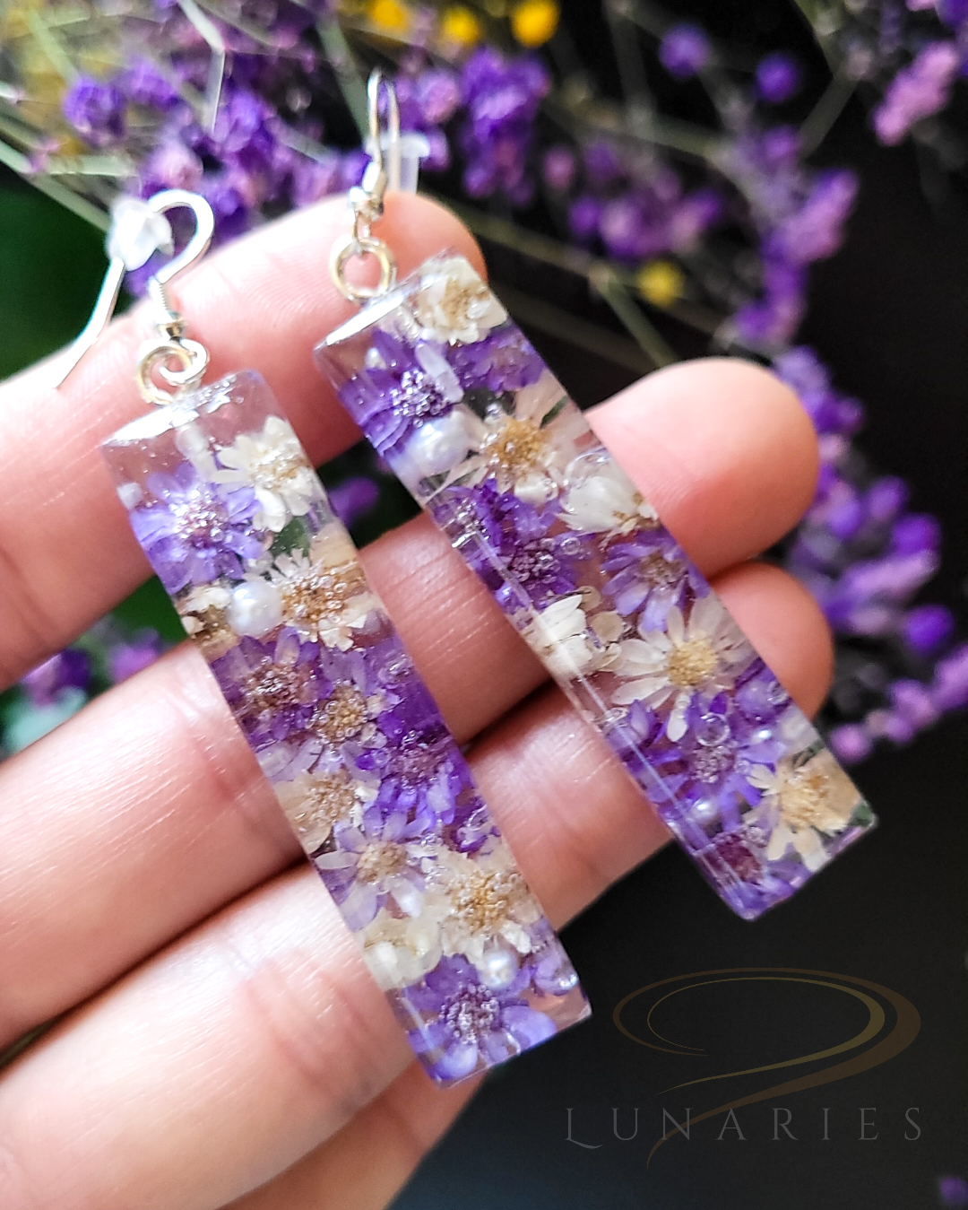 Rectangular Resin Earrings with Purple and White Flowers - Image 3