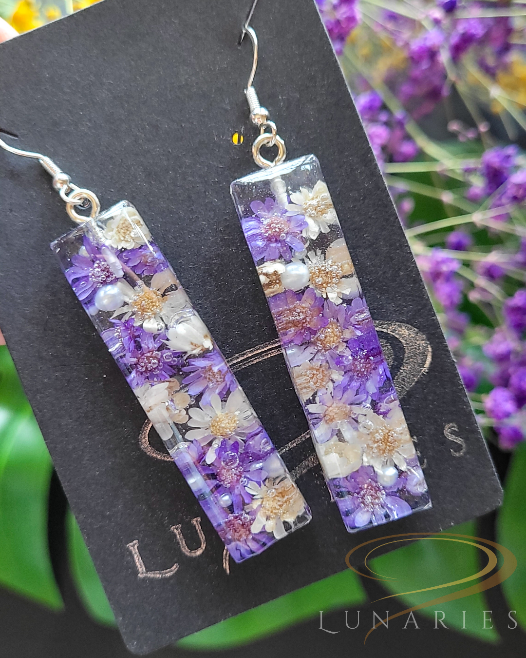 Rectangular Resin Earrings with Purple and White Flowers - Image 2