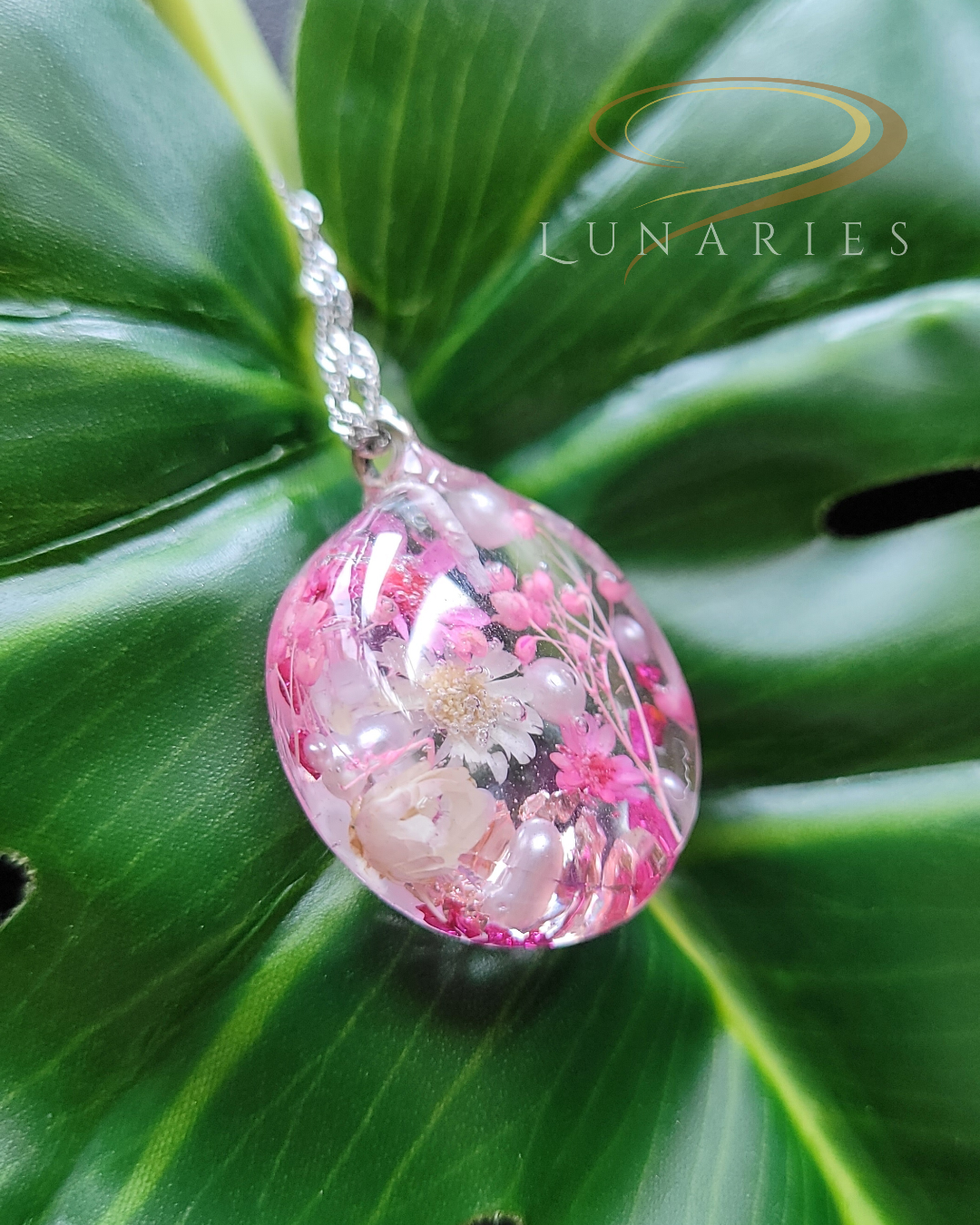 Clear Botanical Resin Necklace with Real Pink Dried Flowers - Image 2