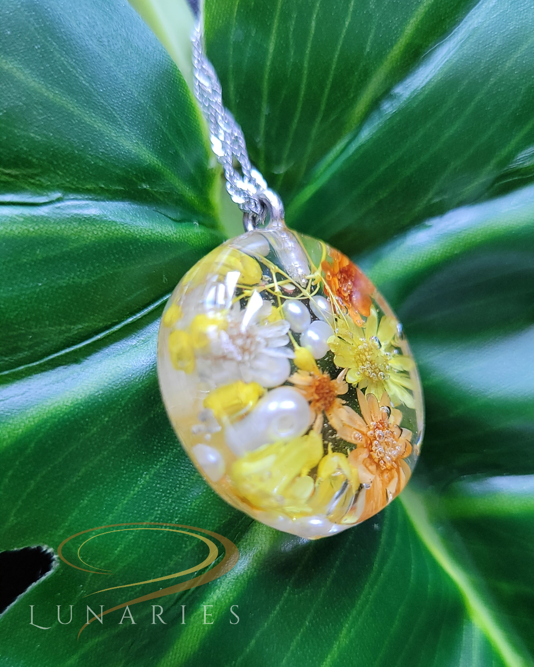 Clear Botanical Resin Necklace with Real Yellow Dried Flowers - Image 2