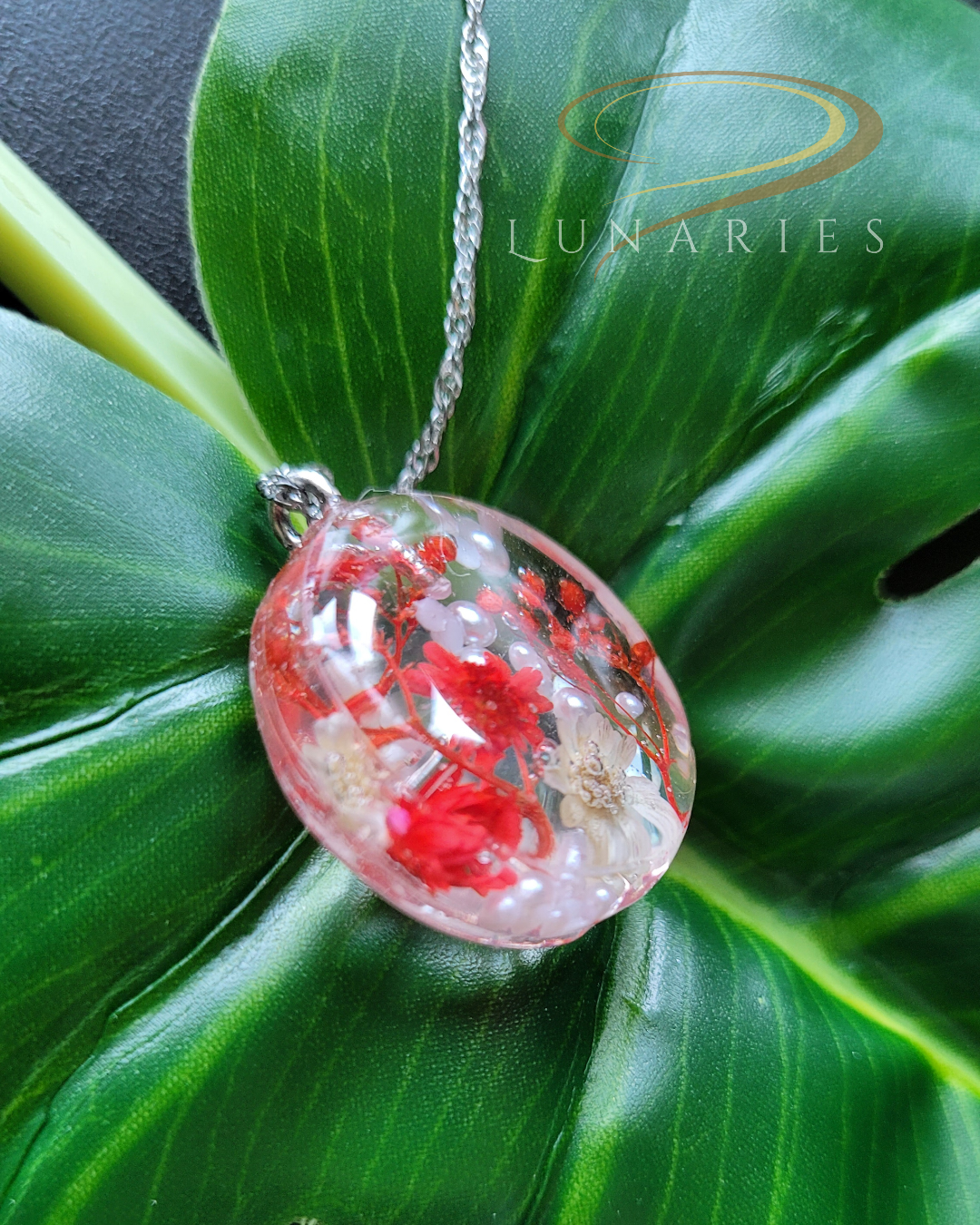 Clear Botanical Resin Necklace with Real Red Dried Flowers - Image 2