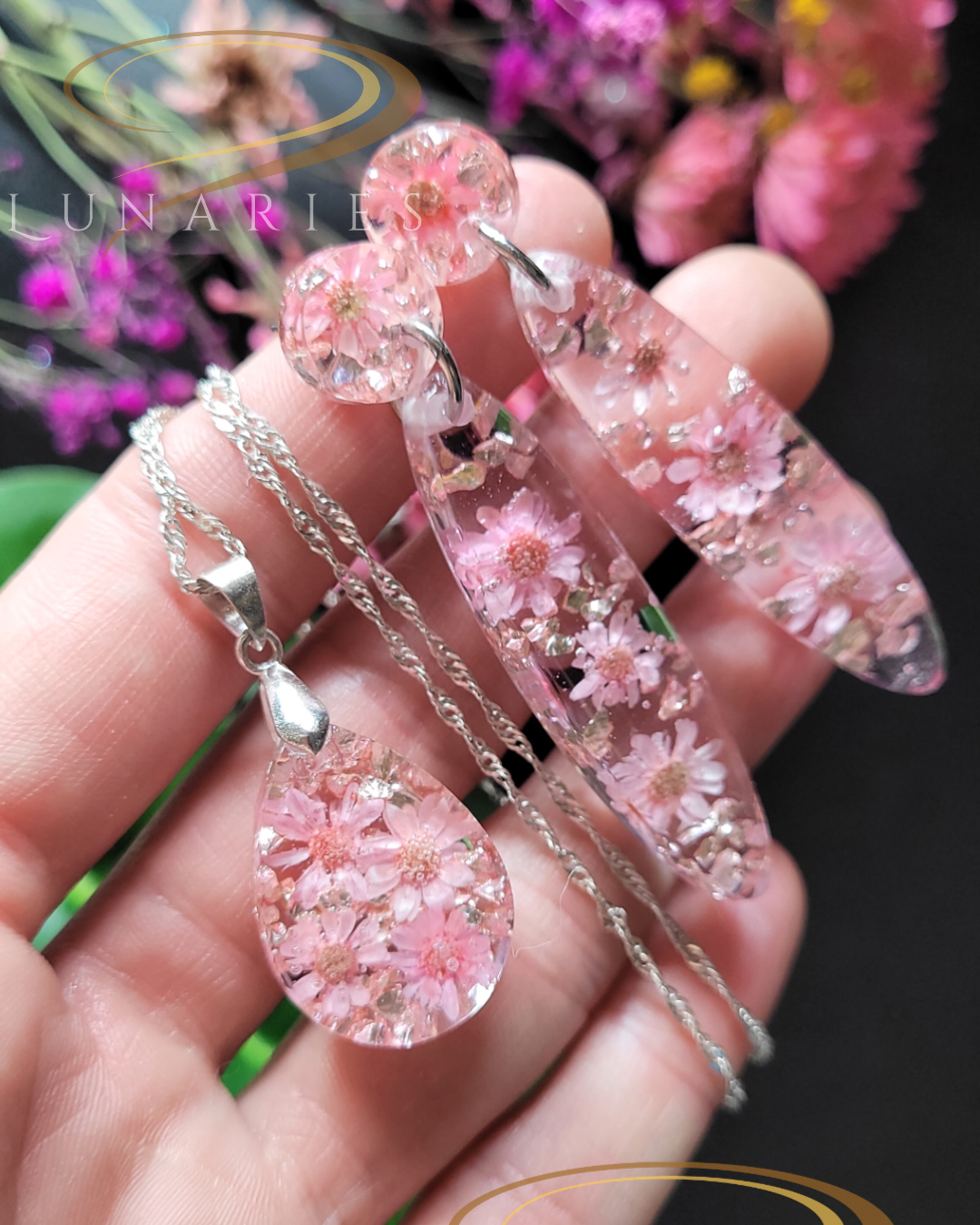 Pink Bloom Earrings and Necklace Set - Image 2