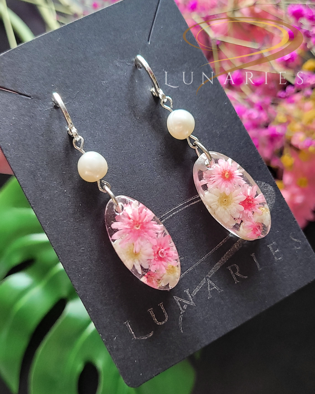 Oval Resin Earrings with Pink Flowers and Faux Pearl - Image 2
