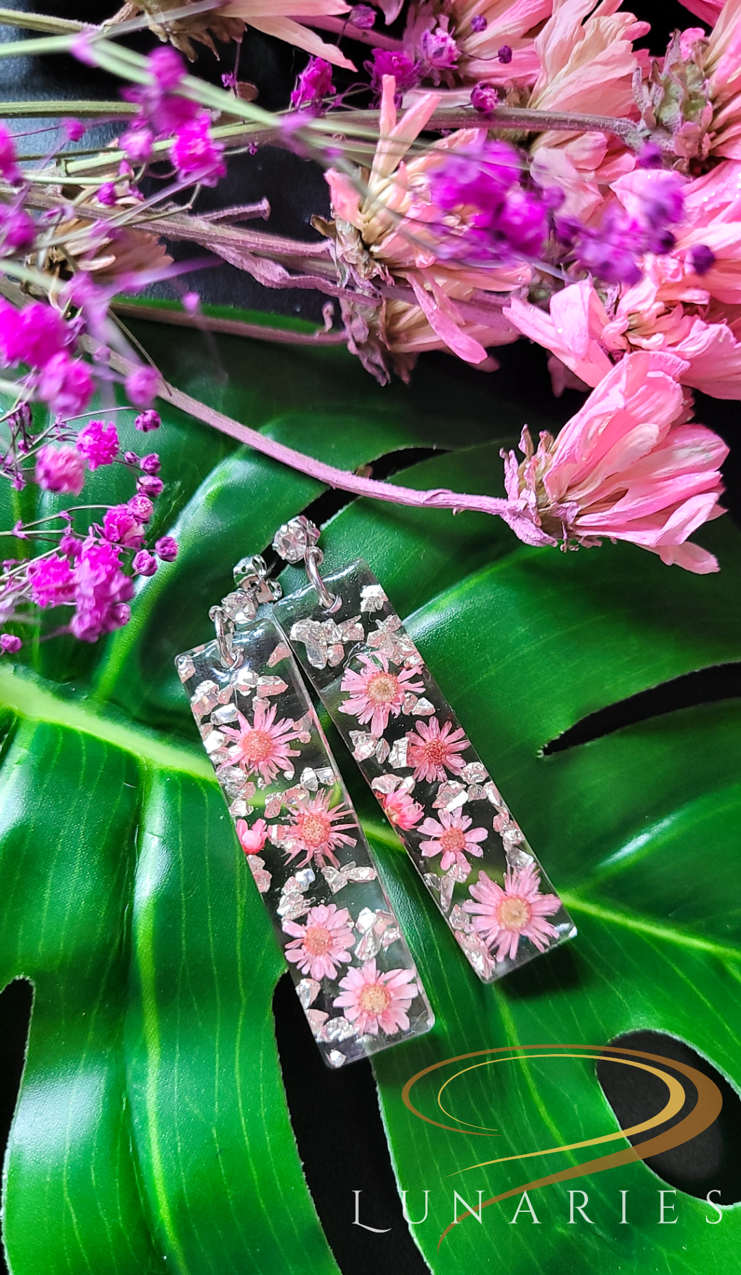 Rectangular Resin Earrings with Pink Flowers and Cubic Zirconia Stud - Image 2
