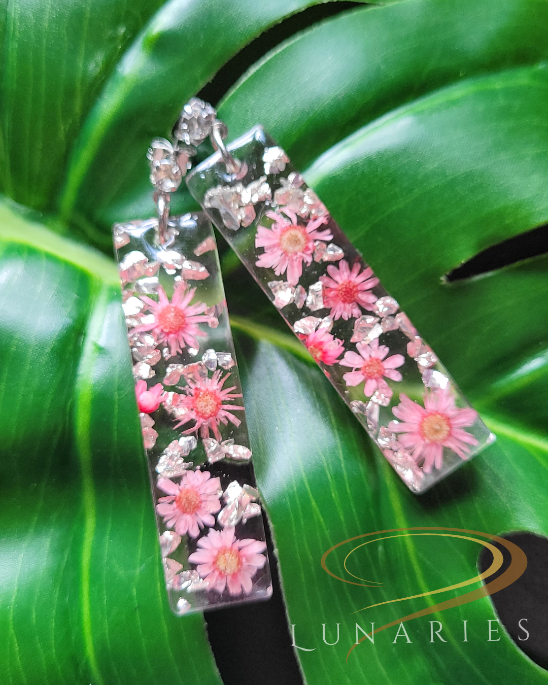 Long rectangular resin earrings with real pink dried flowers, silver nuggets, finished with cubic zirconia studs