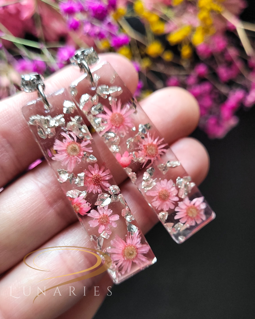 Rectangular Resin Earrings with Pink Flowers and Cubic Zirconia Stud - Image 3