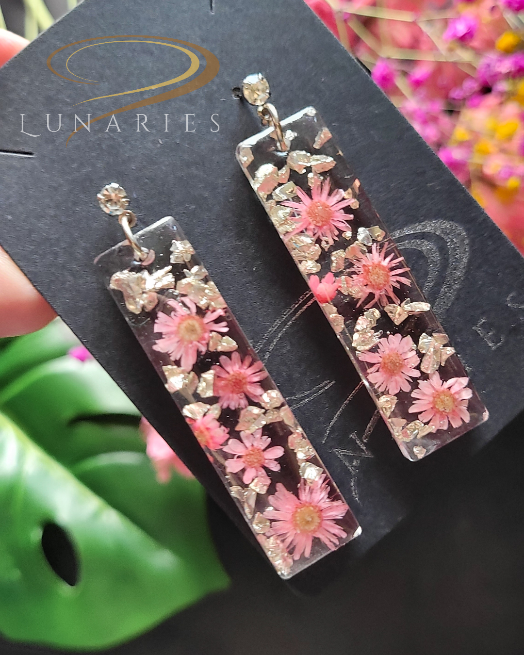 Rectangular Resin Earrings with Pink Flowers and Cubic Zirconia Stud - Image 4
