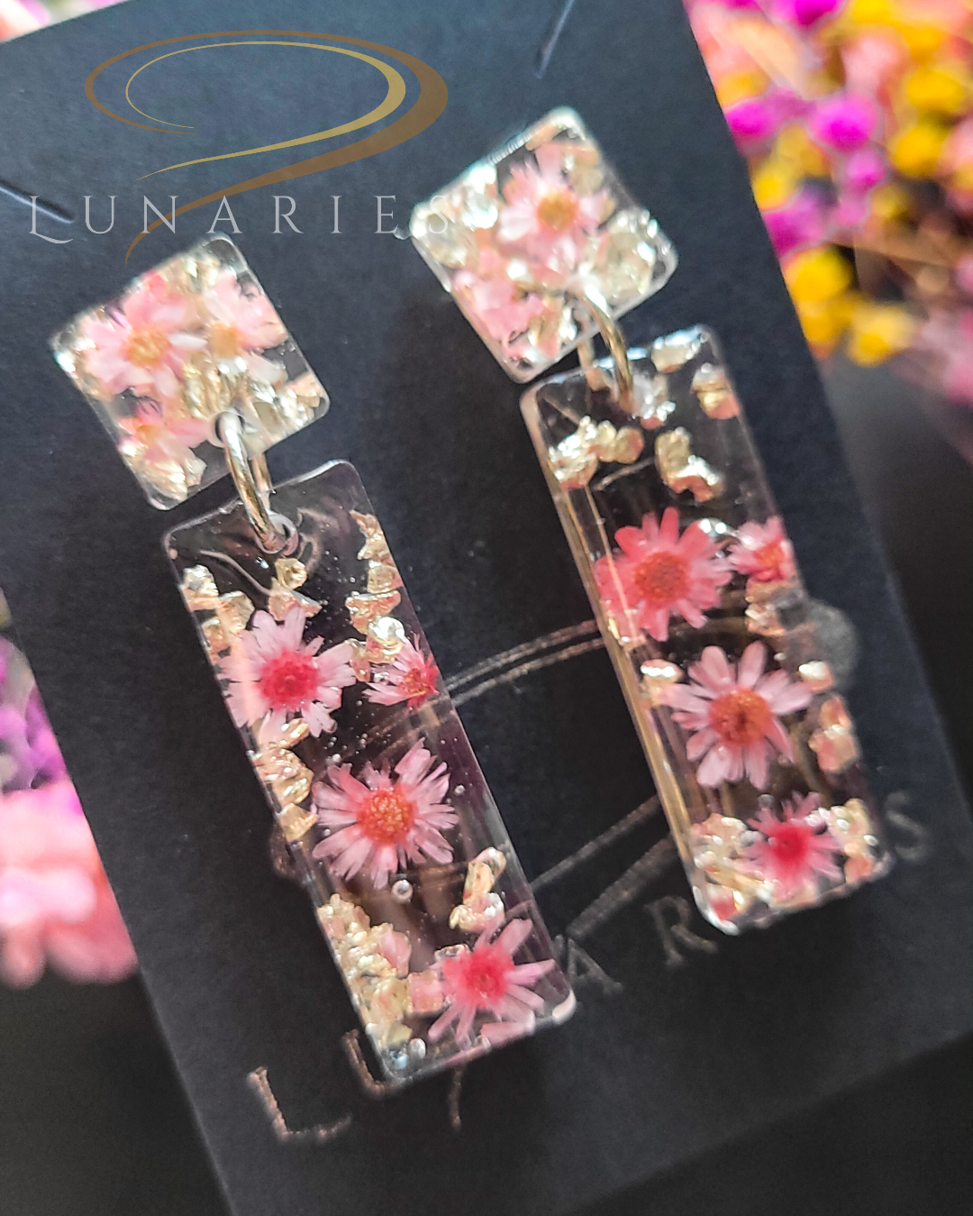 Rectangular Resin Earrings with Pink Flowers Finished with a Stud - Image 2
